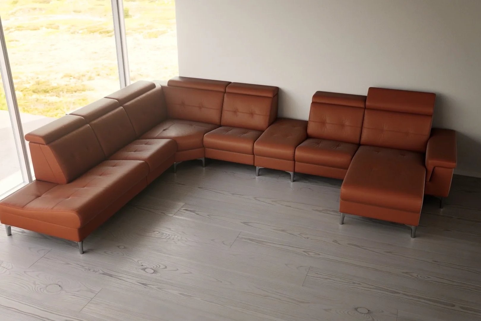 Stressless Anna sectional sofa in cognac leather with a chaise in a modern room