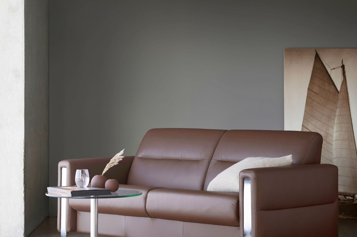 Stressless Fiona sofa in Paloma Chestnut leather with chrome legs