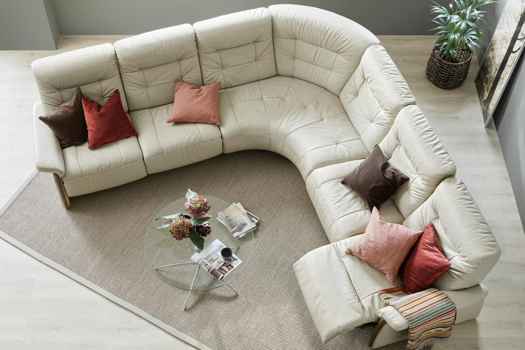 Stressless Mary power sectional in Paloma Fog leather in a bright living room