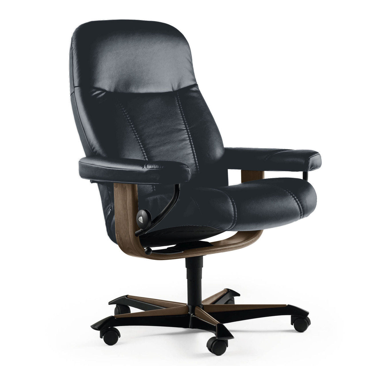 Stressless Consul home office chair in black leather with wood arm trim