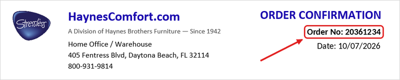 Where to find your order number on your Haynes Comfort order confirmation