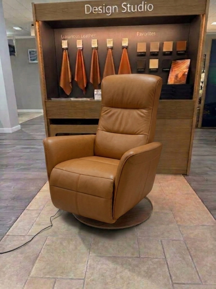 Stressless Mike Small Power recliner in Paloma Almond leather with a Walnut base, in-stock floor model at Haynes Comfort.
