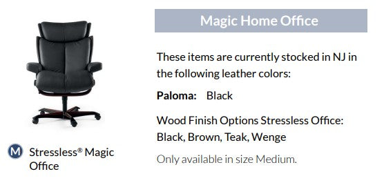 Stressless Magic home office chair stocked in Paloma Black; wood finishes Black, Brown, Teak and Wenge
