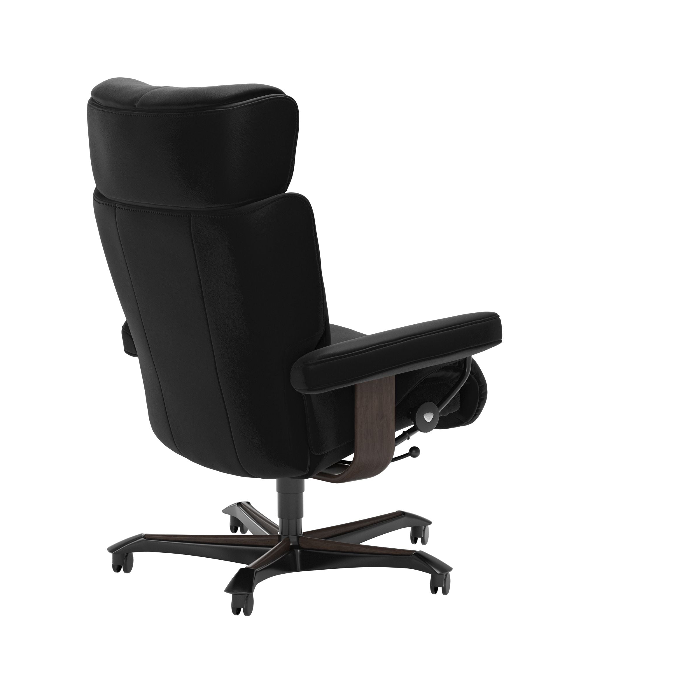 Stressless Magic home office chair in black leather with Wenge wood base, rear three-quarter view