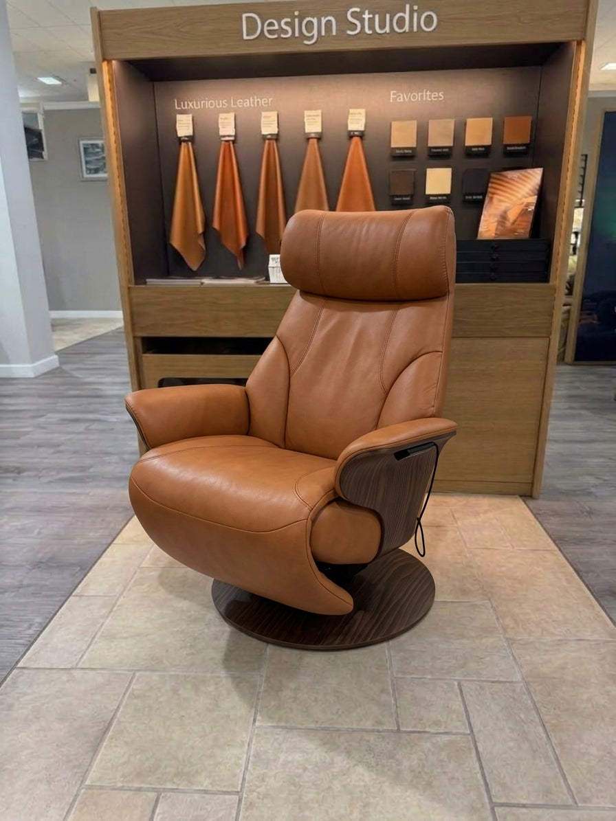 Stressless Adam Power recliner in Paloma New Cognac leather, in-stock floor model at Haynes Comfort.