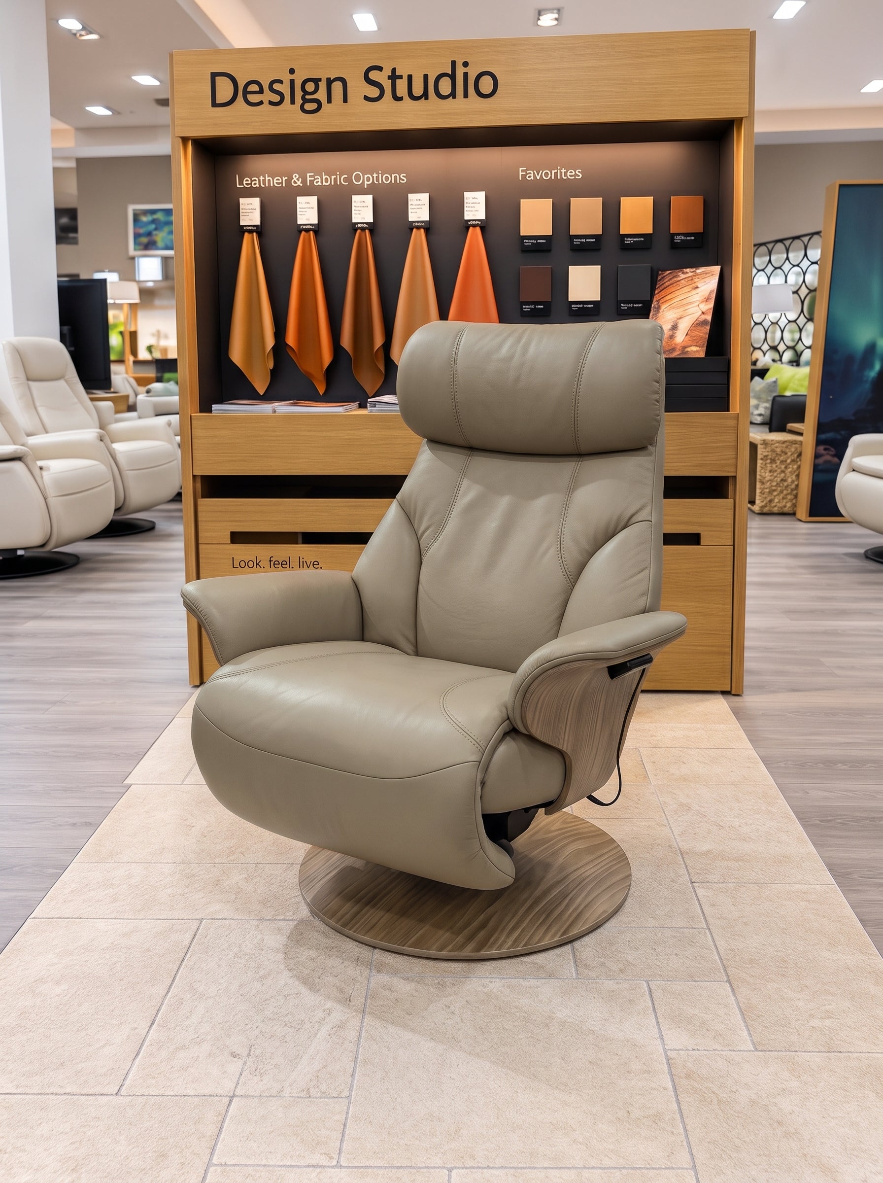 Stressless Adam Medium Power recliner in Paloma Mushroom leather with a Smoked Oak disc base, In-Stock Special at Haynes Comfort