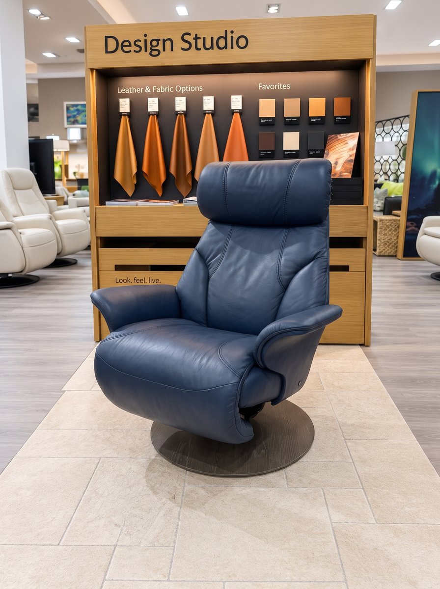Stressless Adam Medium Power recliner in Paloma Oxford Blue leather with a Walnut disc base, In-Stock Special at Haynes Comfort