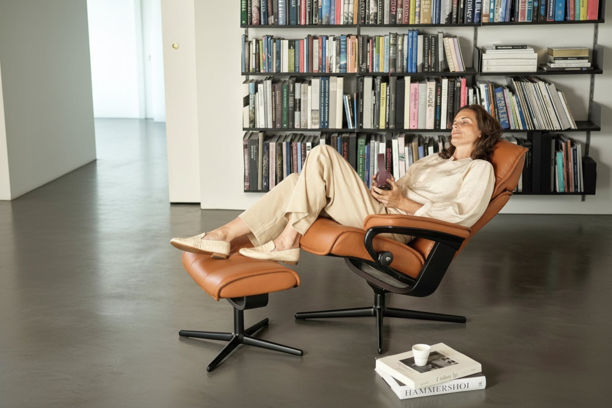 The Stressless Admiral Cross recliner in New Cognac.