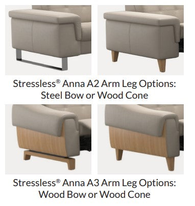 Stressless® Anna A2 and A3 arm and leg options: steel bow, wood bow, or wood cone