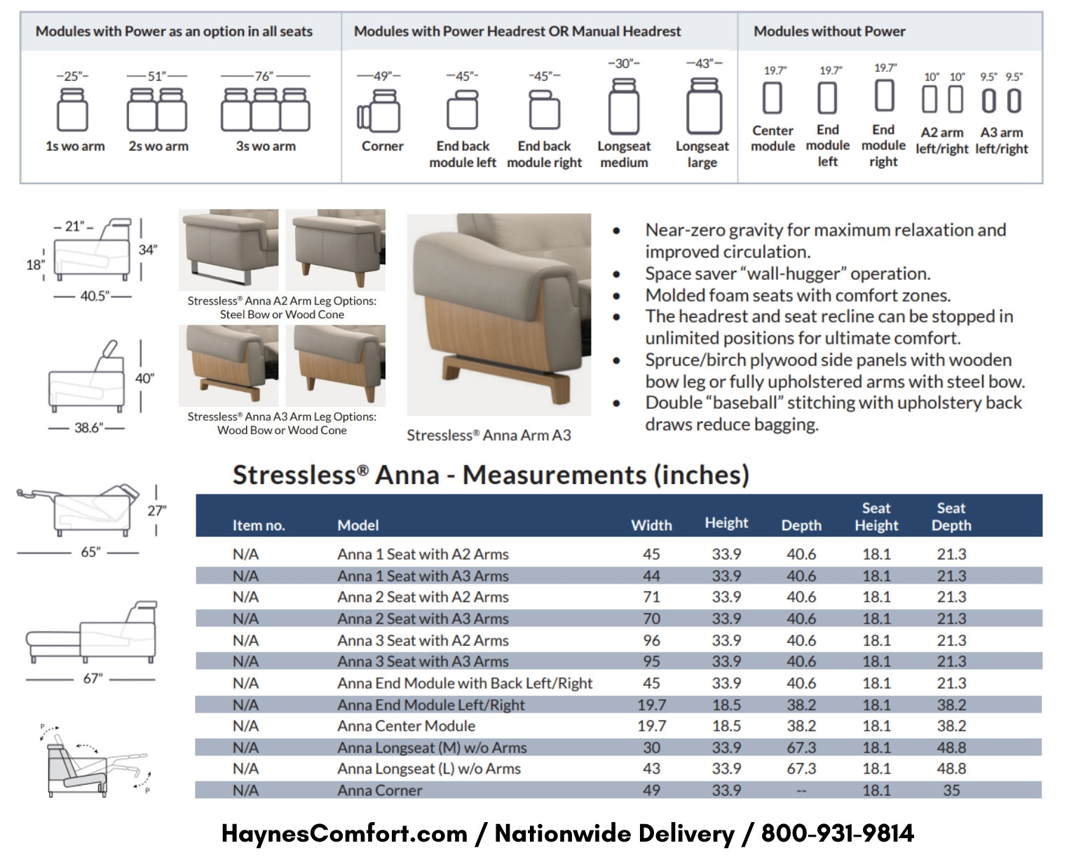 Stressless® Anna sofa dimensions and measurements for 1, 2, and 3-seat configurations
