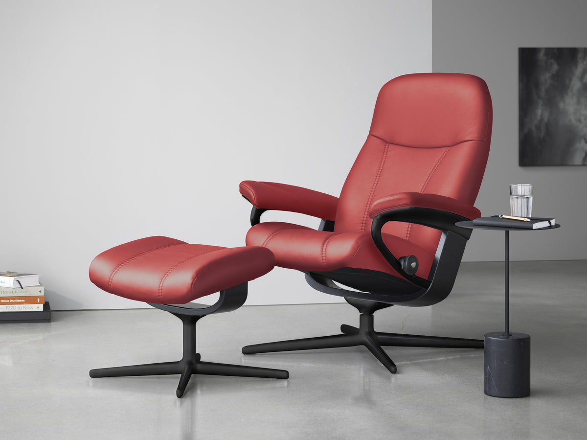 The Stressless Consul Small Cross recliner in Batick Matte Black leather.