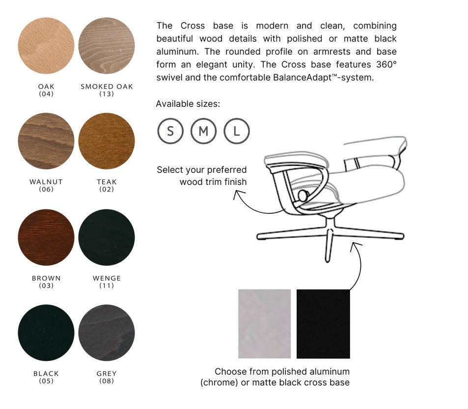 Stressless Cross base options: wood trim in Oak (04), Smoked Oak (13), Walnut (06), Teak (02), Brown (03), Wenge (11), Black (05) and Grey (08); polished aluminum or matte black base