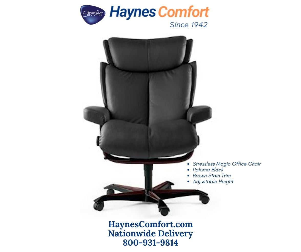 Stressless Magic home office chair in Paloma Black leather with Brown wood trim, adjustable height