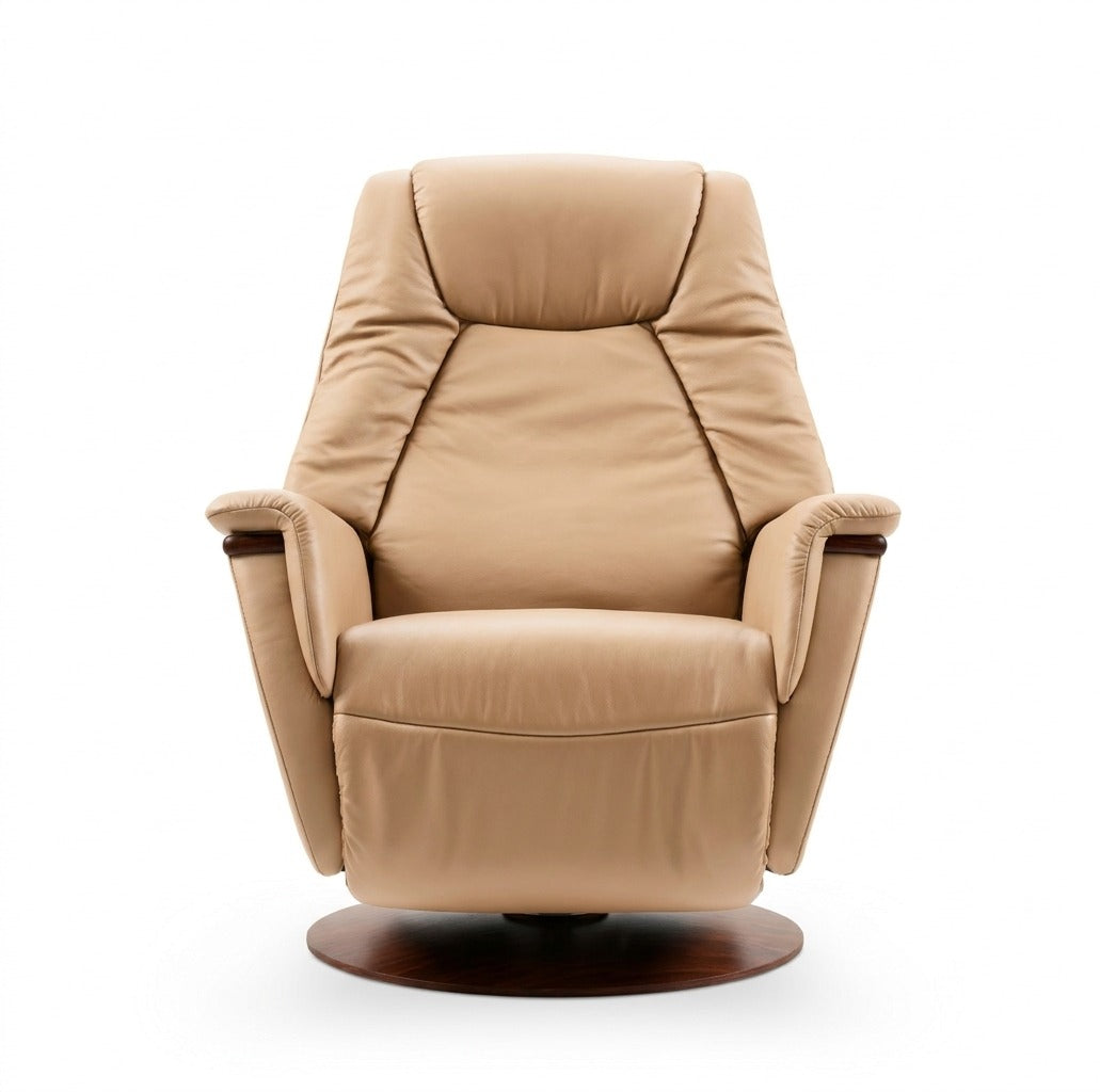 Stressless Max Small Power recliner in Paloma Sand leather with a Brown wood base, In-Stock Special at Haynes Comfort.