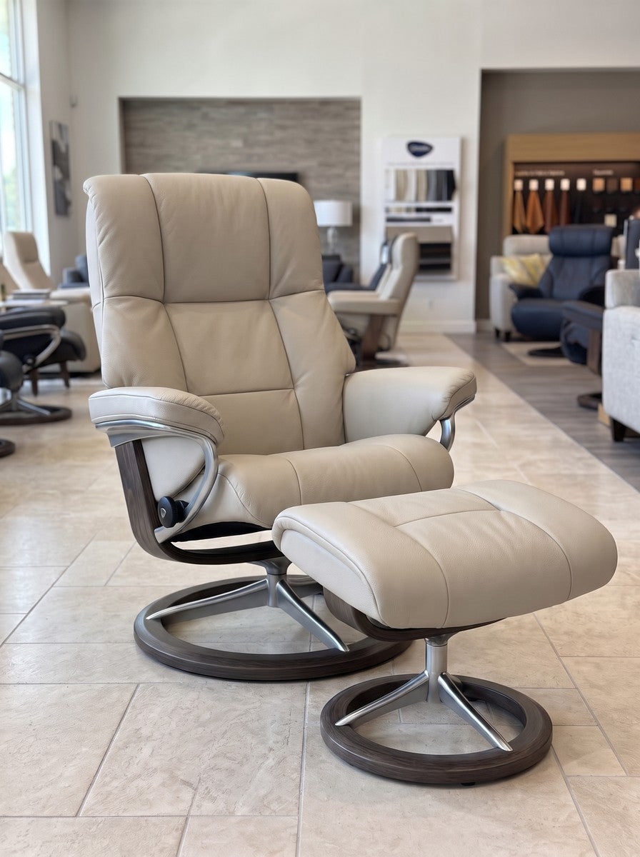 Stressless Mayfair Medium Signature recliner and ottoman in Paloma Fog leather with a Grey stain Signature base, In-Stock Special at Haynes Comfort
