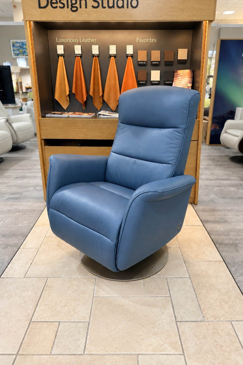 The Stressless Mike Power recliner in Sparrow Blue.