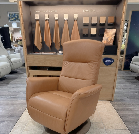 Stressless Mike small recliner in Paloma Taupe leather, in-stock at Haynes Comfort