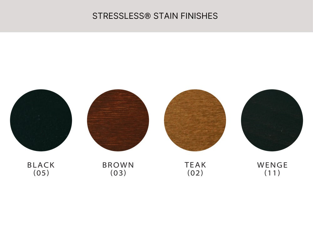Stressless office chair wood stain finishes: Black (05), Brown (03), Teak (02) and Wenge (11)