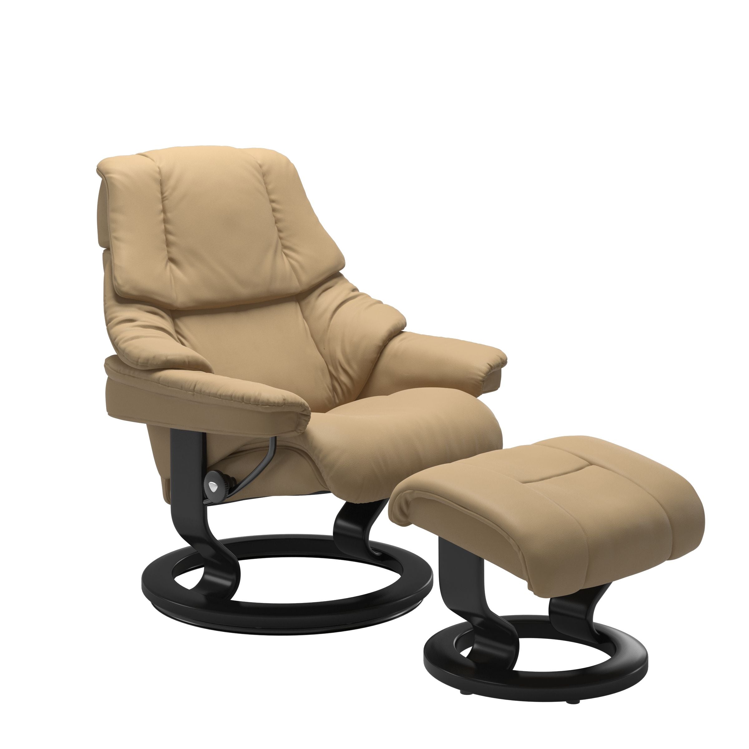 The Stressless Reno Classic recliner in Sand with Black Stain wood.