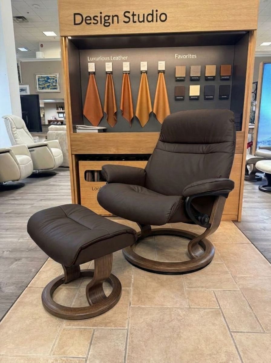 Stressless Sunrise Classic recliner and ottoman in Paloma Espresso with Brown base