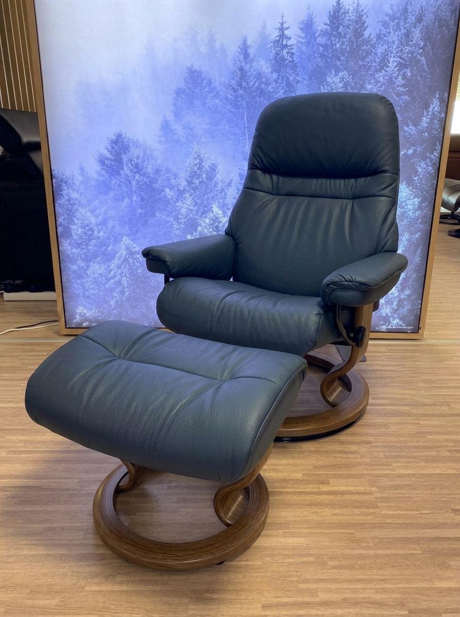 Stressless Sunrise Classic recliner and ottoman in Paloma Shadow Blue leather