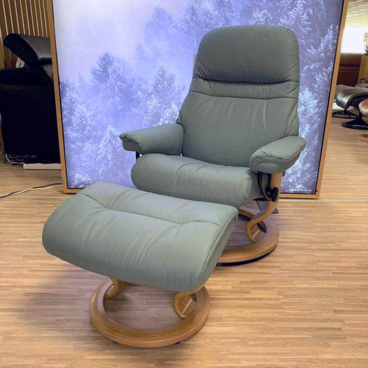 Sunrise Small Classic Paloma Aqua Green smoked oak recliner and ottoman