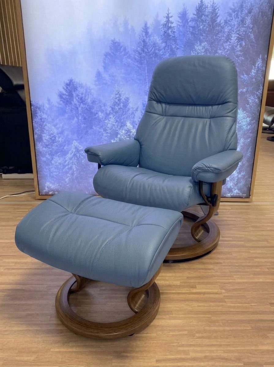 Stressless Sunrise Large Classic recliner and ottoman in Paloma Sparrow Blue with Walnut base