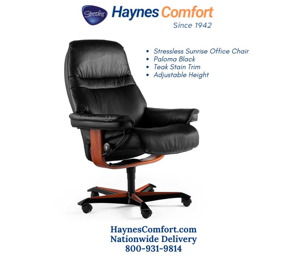 Stressless Sunrise home office chair in Paloma Black leather with Teak wood trim, adjustable height