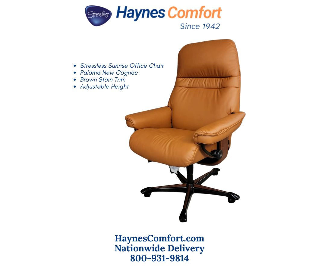 Stressless Sunrise home office chair in Paloma New Cognac leather with Brown wood trim, adjustable height