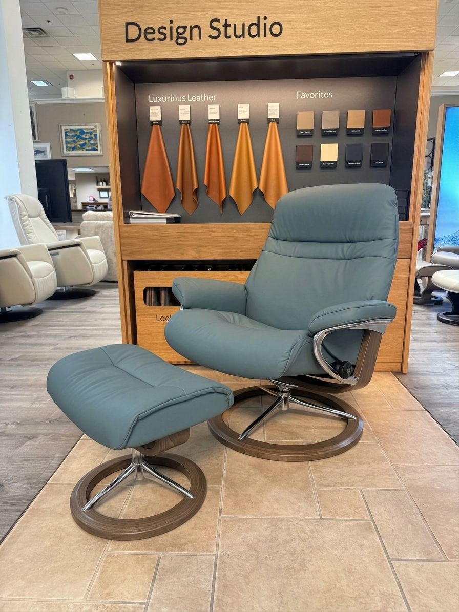 Stressless Sunrise Signature recliner and ottoman in Paloma Aqua Green with Smoked Oak and chrome base