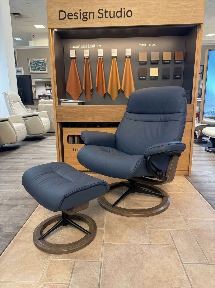 Stressless Sunrise Signature recliner and ottoman in Paloma Shadow Blue with Walnut and matte black base