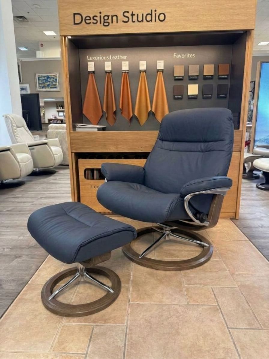 Stressless Sunrise Small Signature recliner and ottoman in Paloma Shadow Blue with Walnut and chrome base