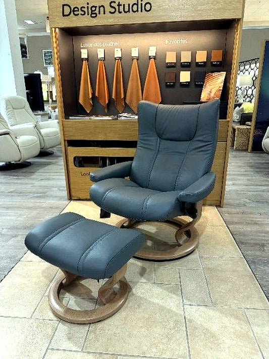 Stressless Wing Classic Large recliner in Paloma Teal Blue leather, in-stock at Haynes Comfort