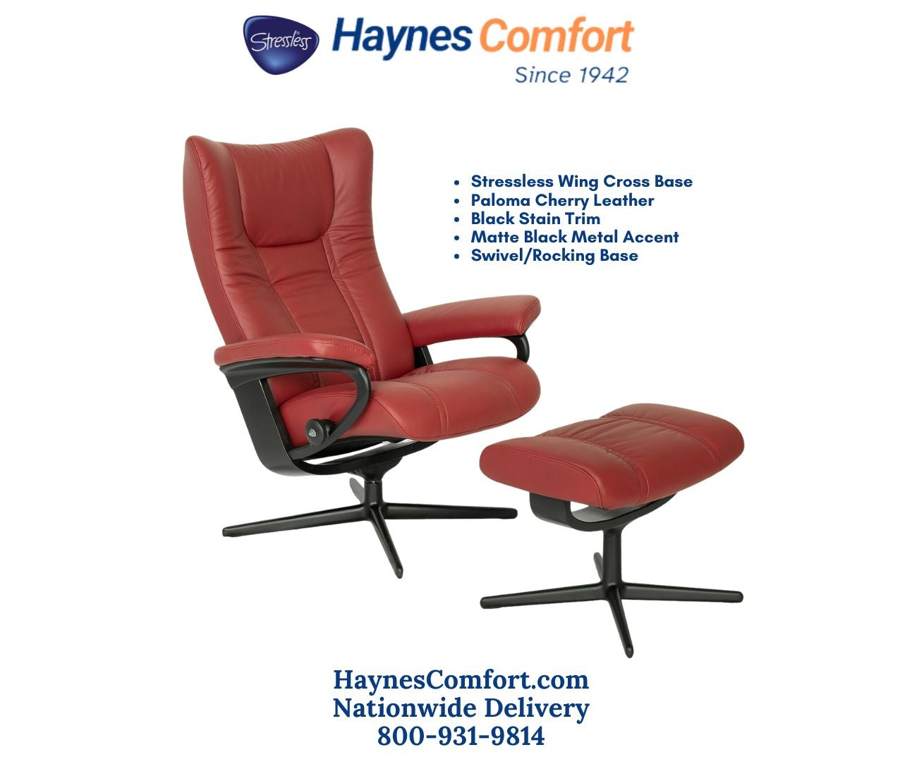 Stressless Wing Cross Recliner in Paloma Cherry leather, detail view of chrome cross base