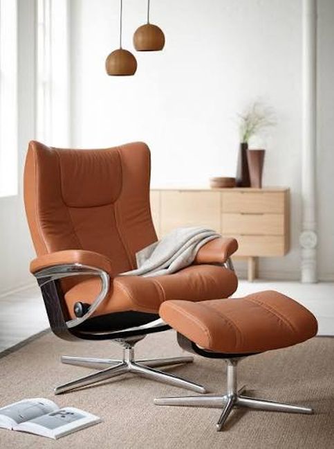 Stressless Wing Cross Recliner in Paloma Cherry leather with chrome cross-star base