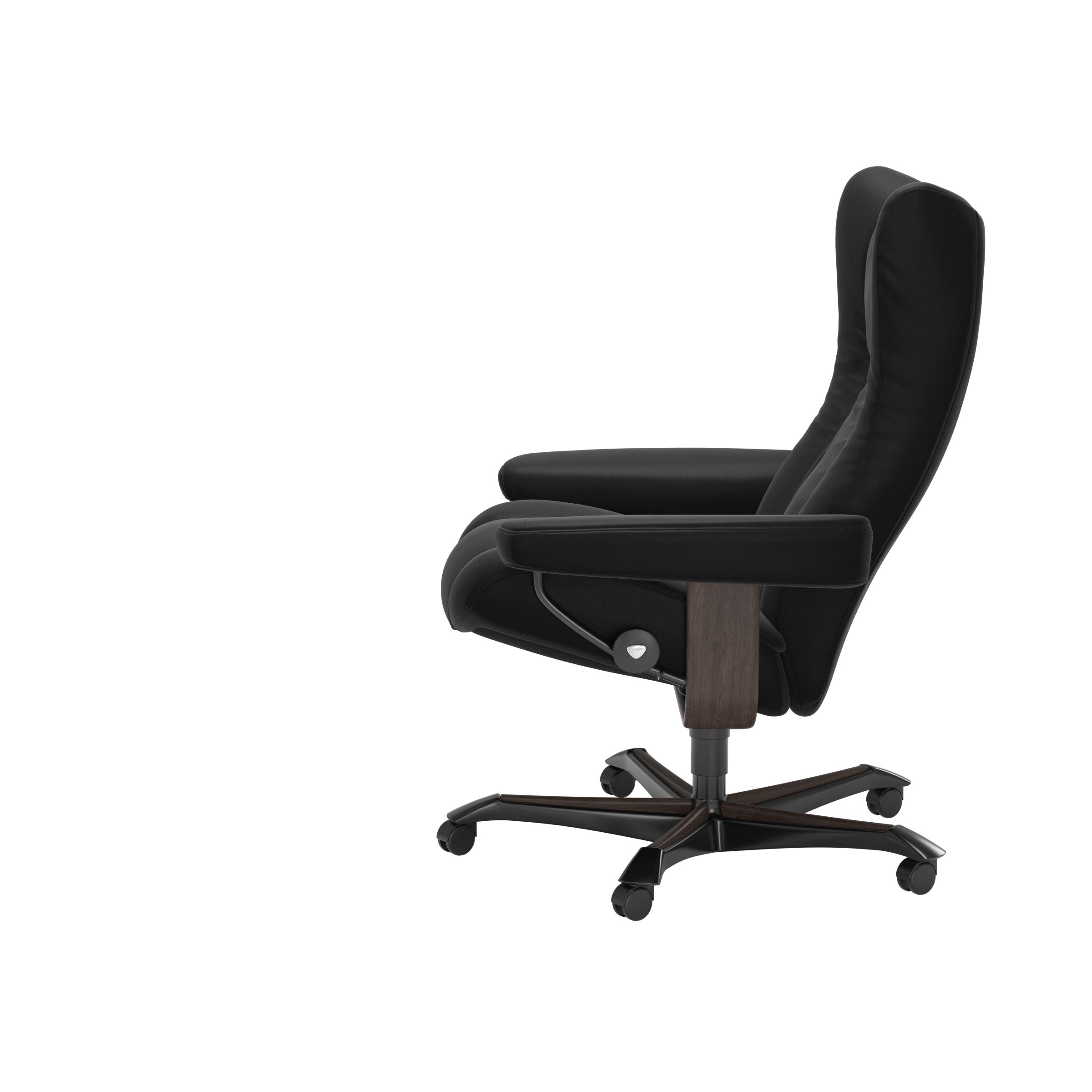 Stressless Wing home office chair in black leather with Wenge wood base, side view