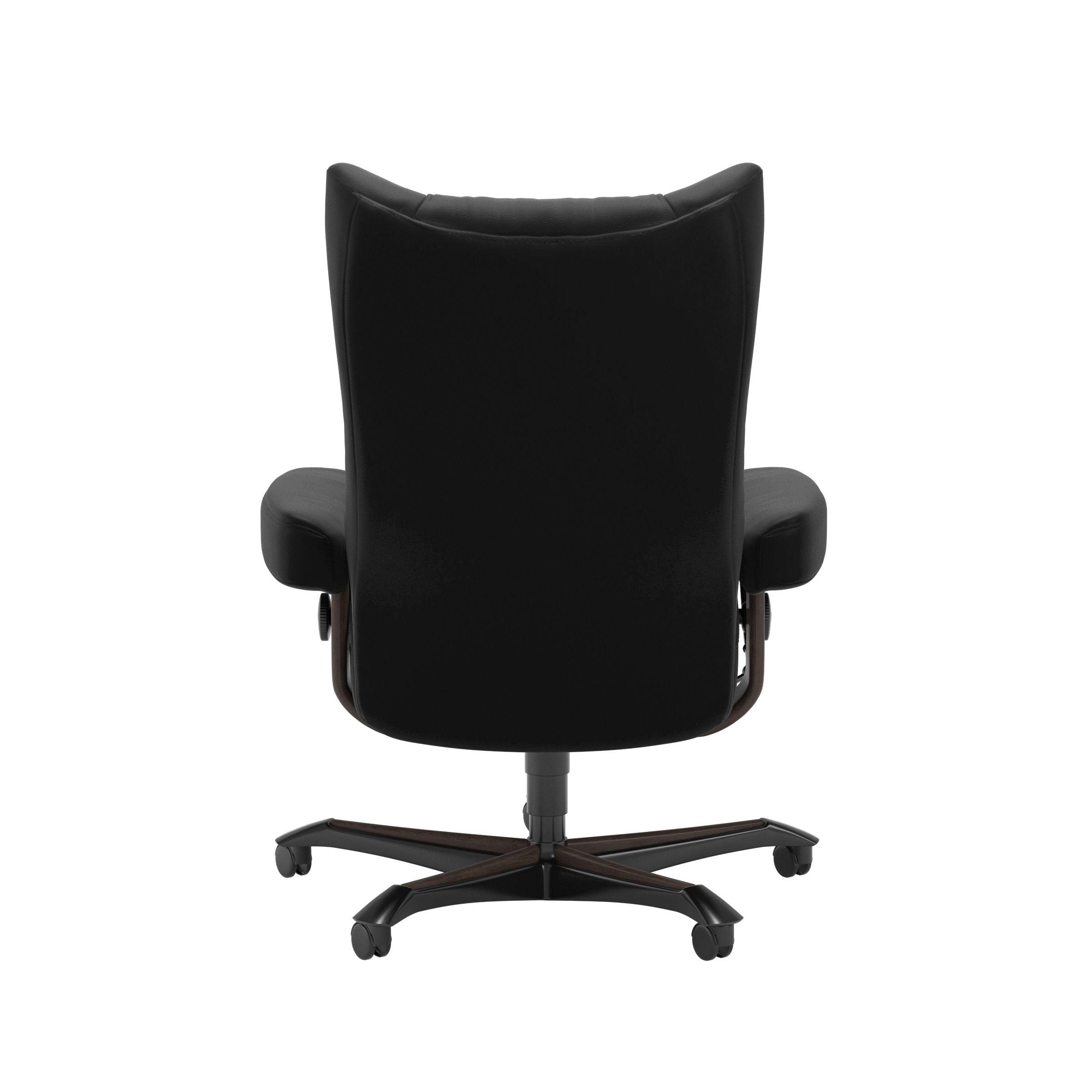 Stressless Wing home office chair in black leather with Wenge wood base, back view