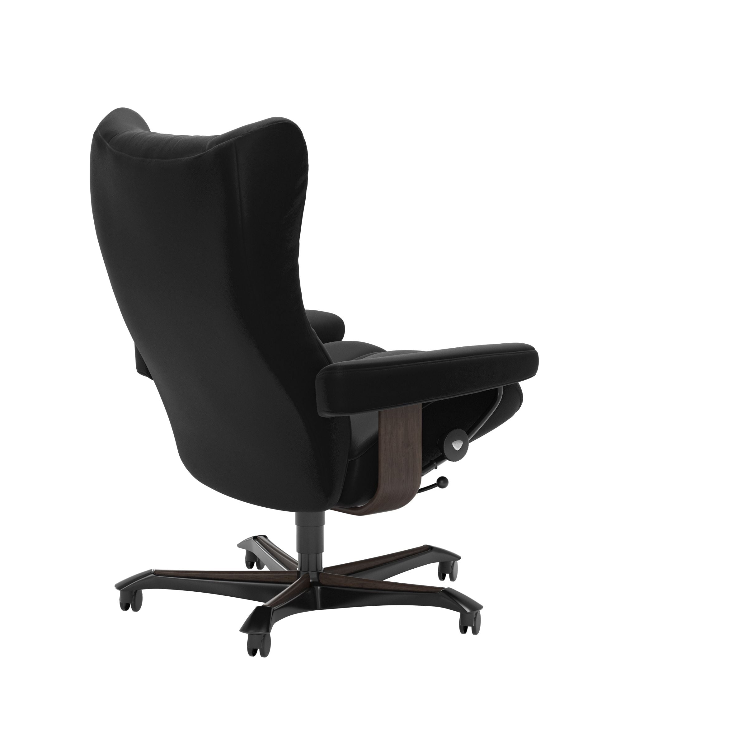 Stressless Wing home office chair in black leather with Wenge wood base, rear three-quarter view