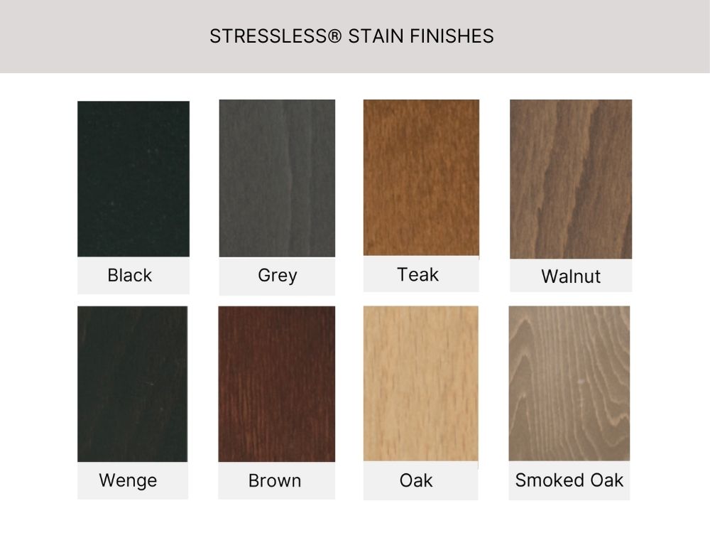 Stressless® stain finish options: Black, Grey, Teak, Walnut, and more